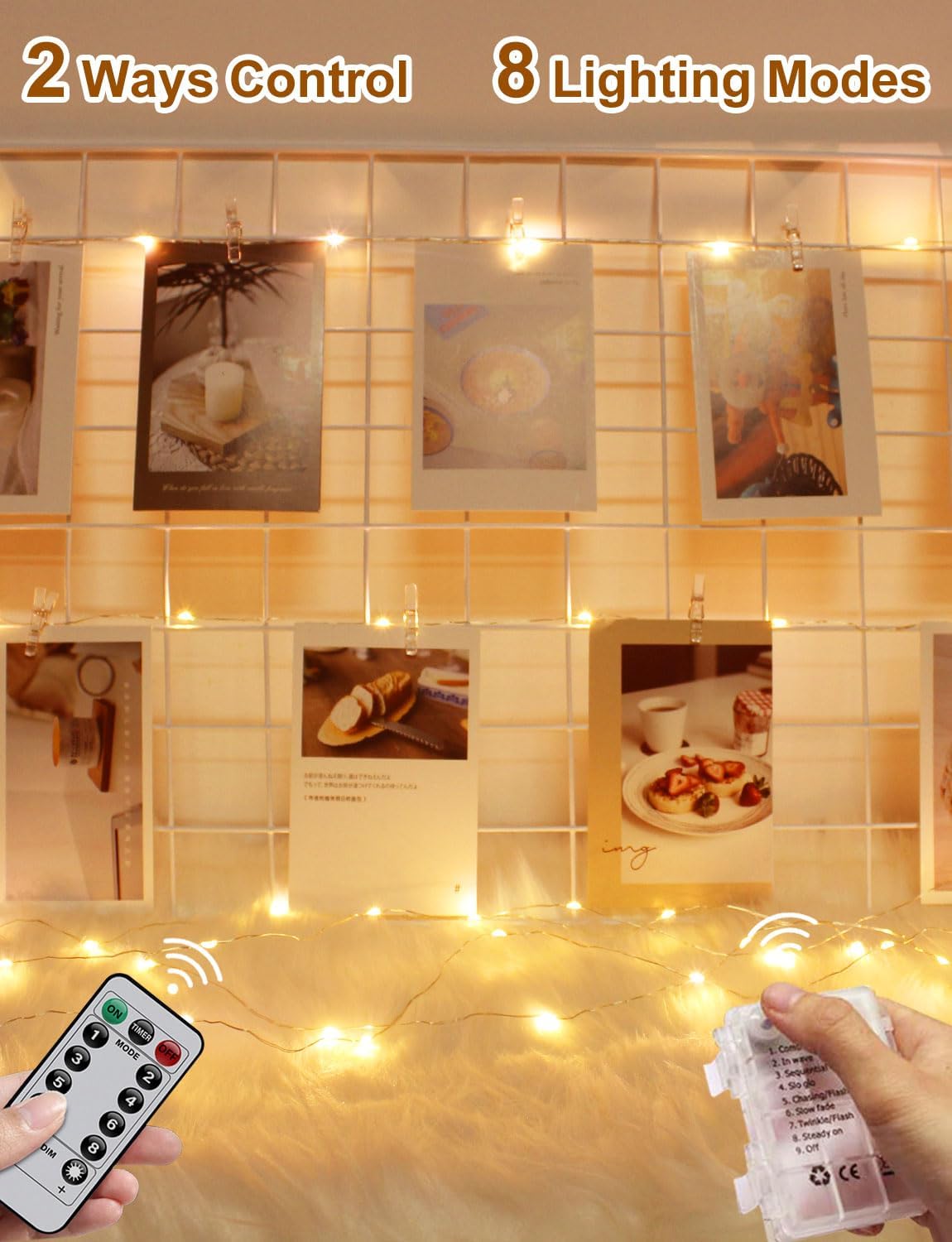 Photo Clip String Lights with Remote, 33FT 100 LED Battery Operated String Lights, Waterproof Copper Wire Starry Lights with 50 Clear Clips, Powered Fairy Lights for Teen Girl Gifts Bedroom 8 Modes