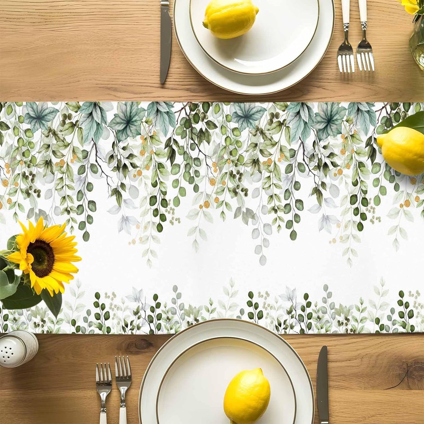 Sage Green Eucalyptus Cotton Linen Table Runner for Dining Kitchen, Farmhouse Leaves Wedding Outdoor Party Tablerunners Decoration Botanical Floral Dresser Scarf Coffee Tablecloth Runners 13x48 Inches