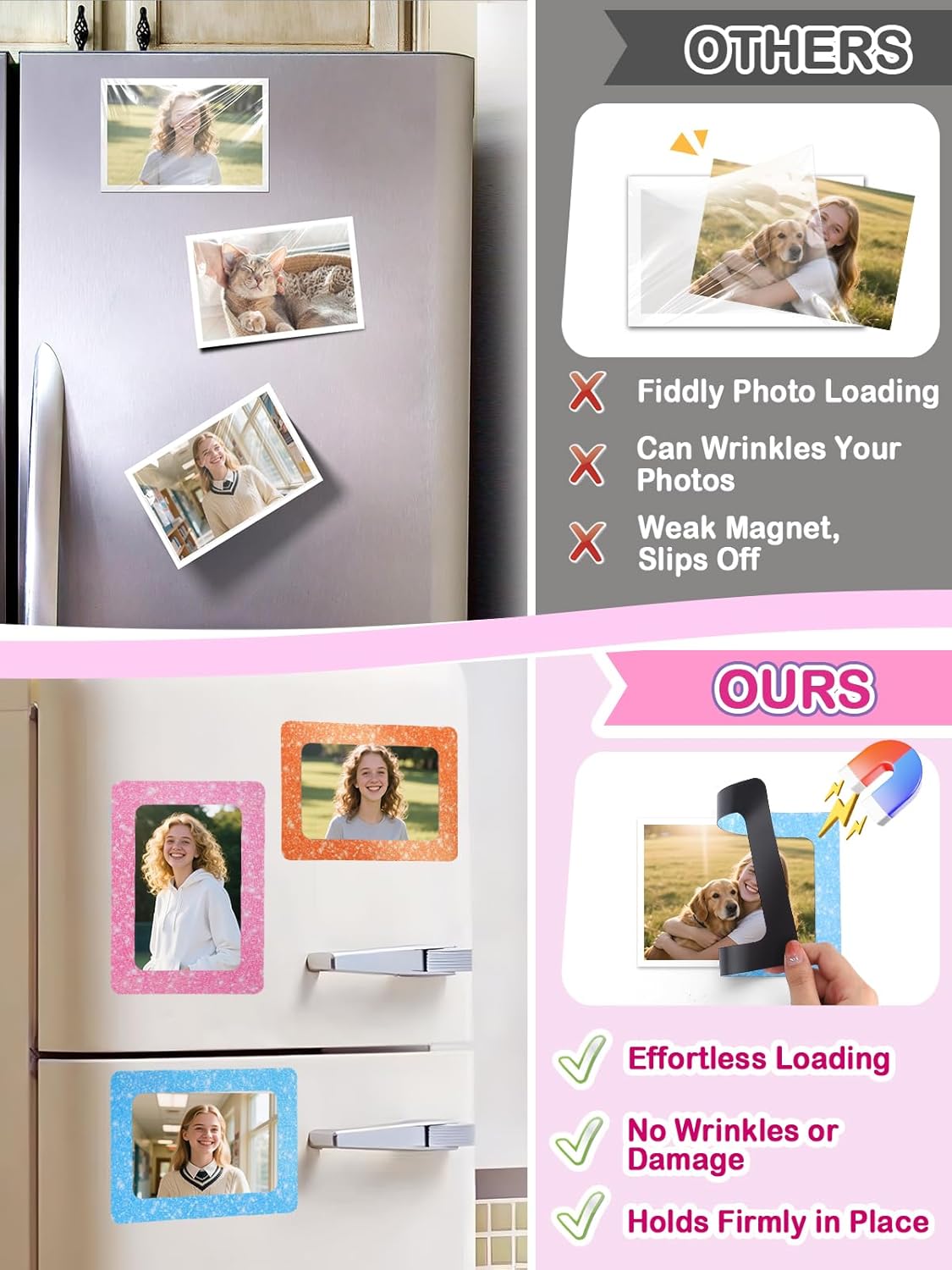 ANPHSIN 12Pcs Magnetic Picture Frame for 4x6in Photo - Cute Magnets Frames Fridge Decor Gifts for Girls Women, Home Refrigerator, Back to School Locker, Classroom Decorations Supplies, Shiny Dots