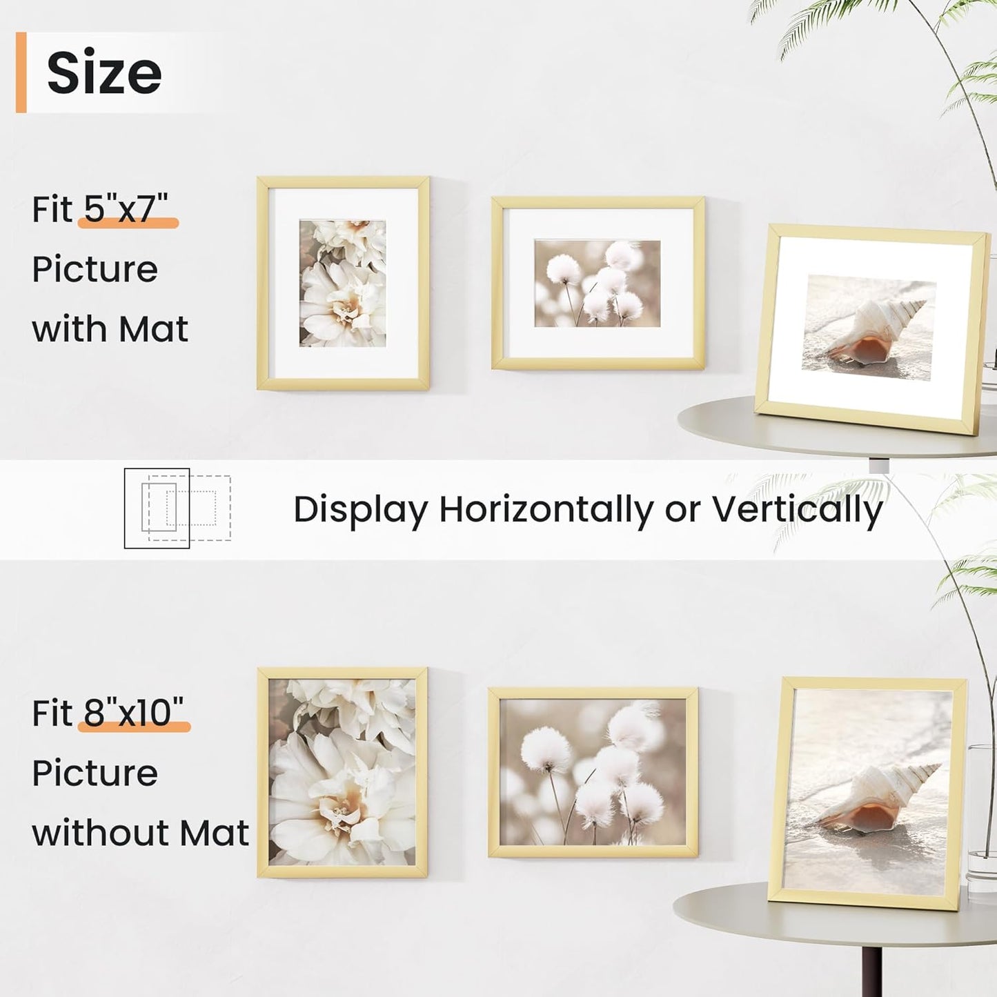 8x10 inch Picture Frame, 8x10 Photo Frames with 5x7 Removable Mat - High Definition Plexiglass - Vertical and Horizontal Display - Wall Hanging Frame - Gold, 12 Pack
