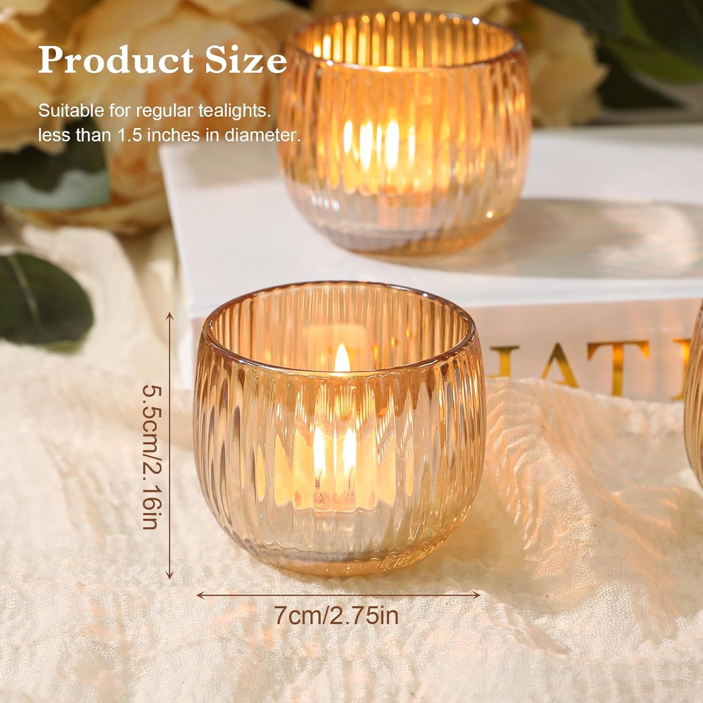 Set of 6 Ribbed Glass Votive Candle Holders, Gold Glass Tealight Holders for Taper Candles - Elegant Table Centerpieces for Weddings, Christmas, Parties, and Home Decor