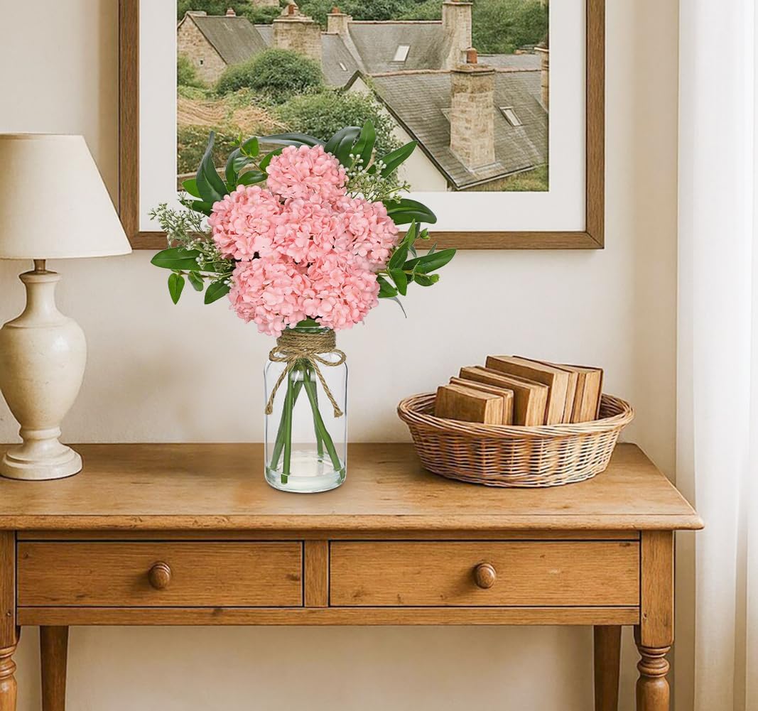 Hollyone Pink Hydrangea Artificial Flowers in Clear Glass Vase with Faux Water Silk Hydrangeas Fake Flowers Floral Arrangement for Home Bathroom Kitchen Office Table Centerpiece Shelf Decorations