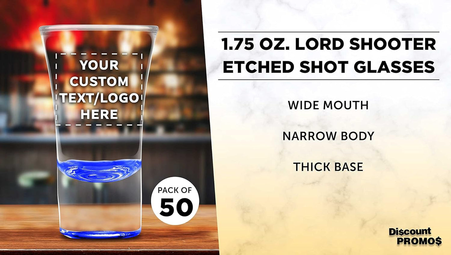 Custom 2 oz. Lord Shooter Etched Shot Glasses, 50 pack, Personalized Text, Logo, 21st Birthday Party, Lounge Glassware, Blue