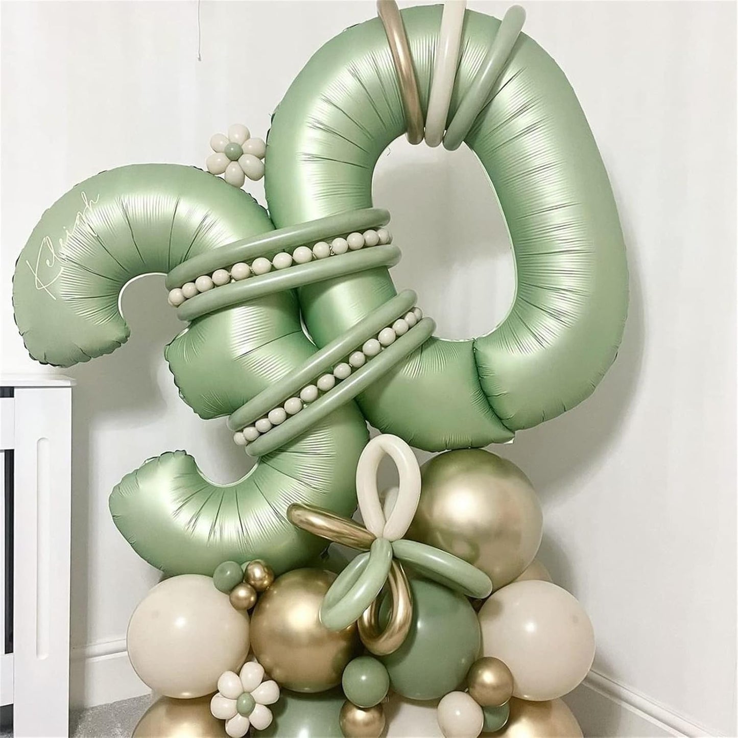 Sage Green Number 3 Balloon, 40In Large Foil Number Balloons Set 0-9 for Women, Self Inflating Olive Green Digital 3 Helium Balloon for Girls Boys 1st Birthday Jungle Safari Party Decorations Supplies