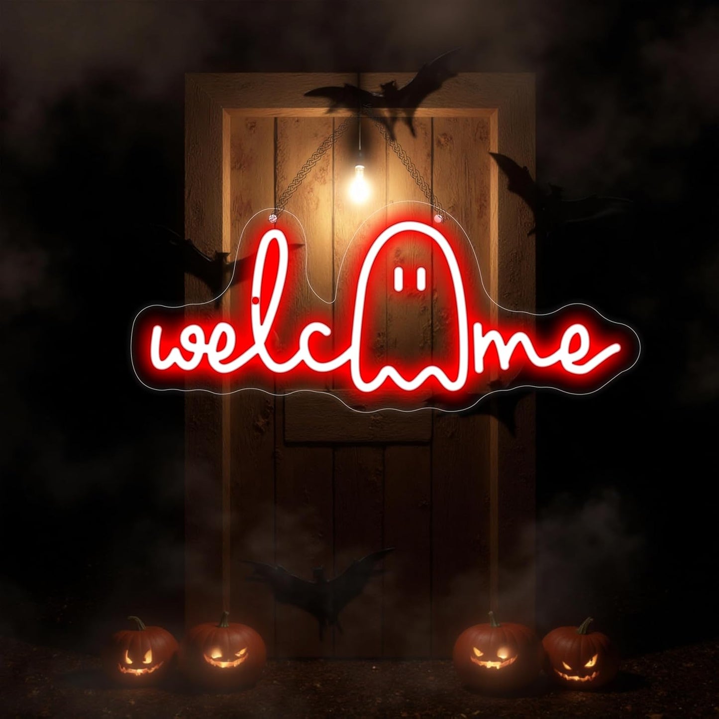 Halloween Welcome Ghouls Neon Sign, Spooky Ghost LED Halloween Decor, Haunted House Entryway Light, Available Gothic Haunted Mansion Light for Bedroom Bar Cave Room Decor Party Home-Red