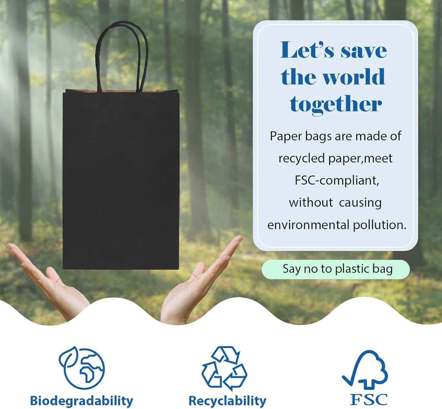 GSSUSA Black Gift Bags 5.25x3.75x8 400Pcs, Valentines Day, Paper Bags with Handles Bulk, for Small Business, Sturdy Kraft Paper, Retail Shopping, Gift Bag for Party Birthday