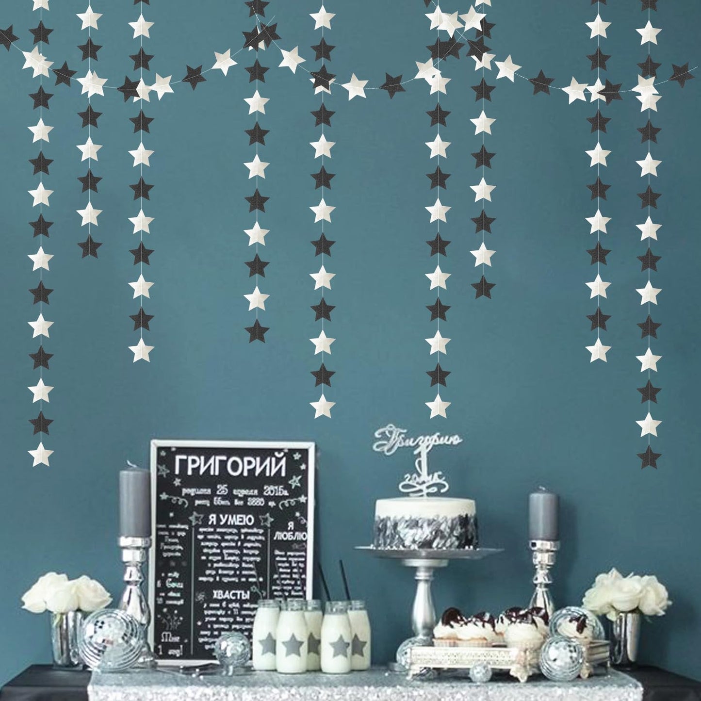 Black-Silver Birthday Graduation Party-Decorations Garland - 62ft Glitter Twinkle Little Star Hanging Streamers Banner Decor,Bachelorette Wedding Baby Bridal Shower New Years Supplies Backdrop Hugtmr