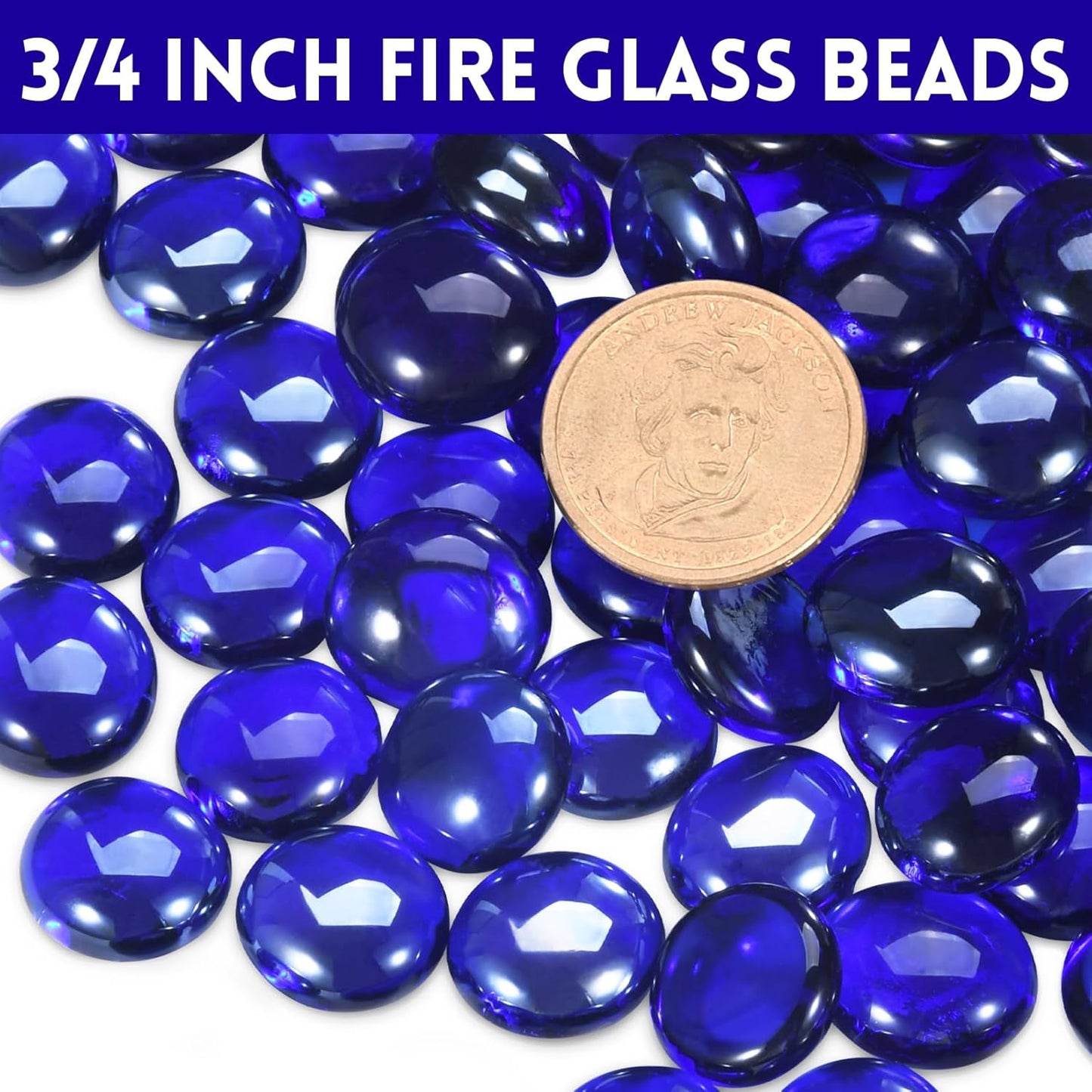 Cobalt Blue Fire Glass for Propane Fire Pit, Fireplace and Outdoor Decorative, Firepit Rocks 20 Pounds, High Luster 3/4 Inch Round Glass Beads