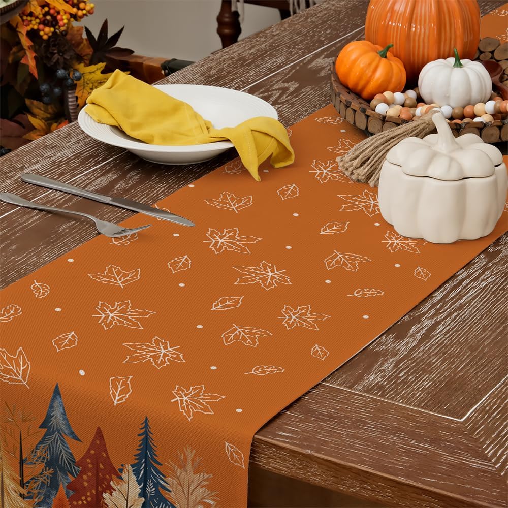 GEEORY Fall Watercolor Trees & Maple Leaves Table Runner 13x108 Inch, Rustic Farmhouse Autumn Thanksgiving Decor for Kitchen, Dining, Indoor/Outdoor Holiday Dinner Party Orange GT158-108