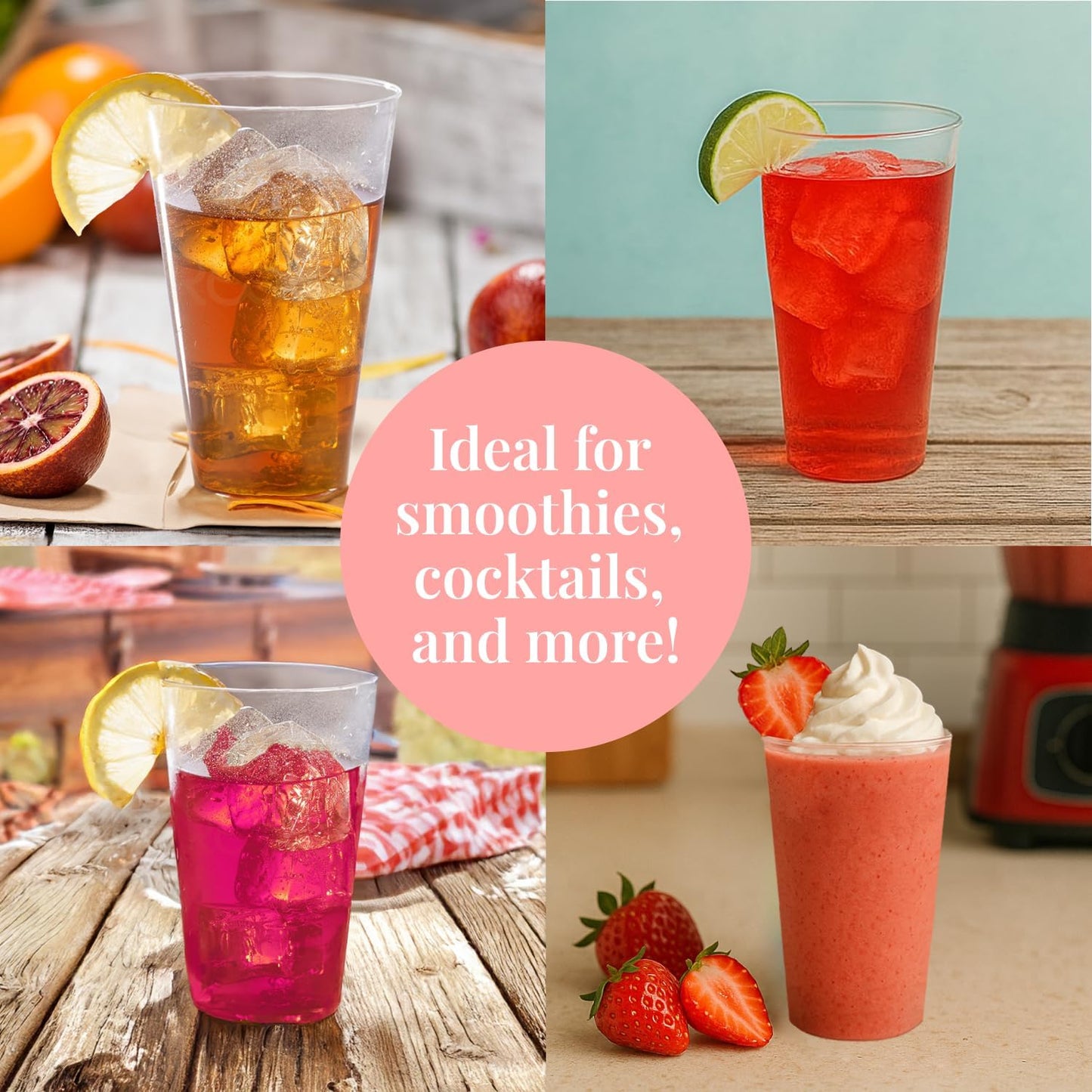 Prestee 100 Clear 14 Ounce Plastic Cups - Hard Plastic Disposable Tumblers for Wine, Cocktails, Water, and Beer - Sturdy Large Clear Cups for Parties, Weddings, Events - Reusable or Disposable