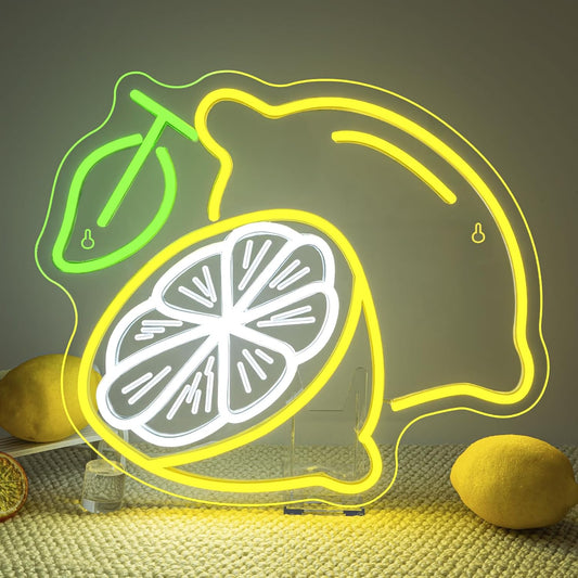 Lemon Cocktail Neon Sign – Yellow & Green LED Wall Light with Citrus Slice and Drink Glass – Summer Party, Bar, Kitchen, and Home Décor
