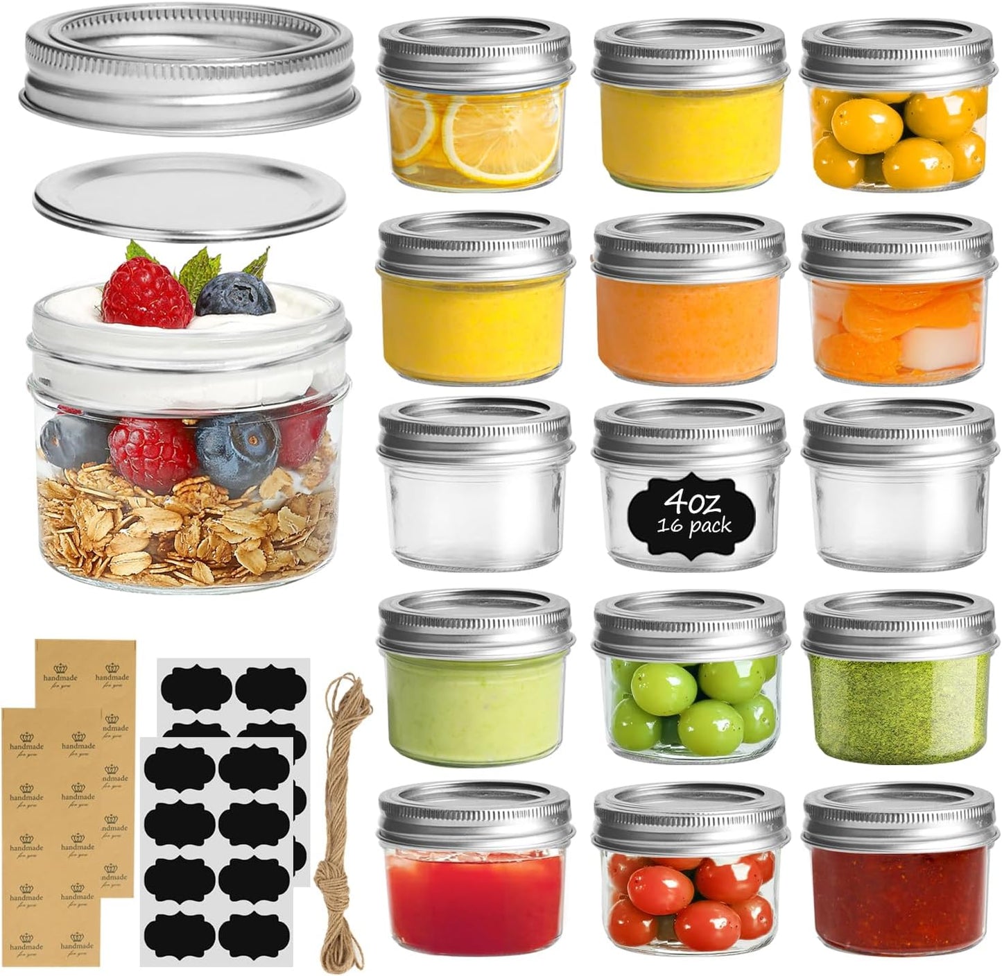 ComSaf Mini Mason Jars 4oz - 16 Pack, Regular Mouth Mason Jar with Lids and Seal Bands, Small Glass Canning Jar for Spice, Jam, Honey, Jelly, Dessert, Shower Wedding Favors, DIY Candles Decor