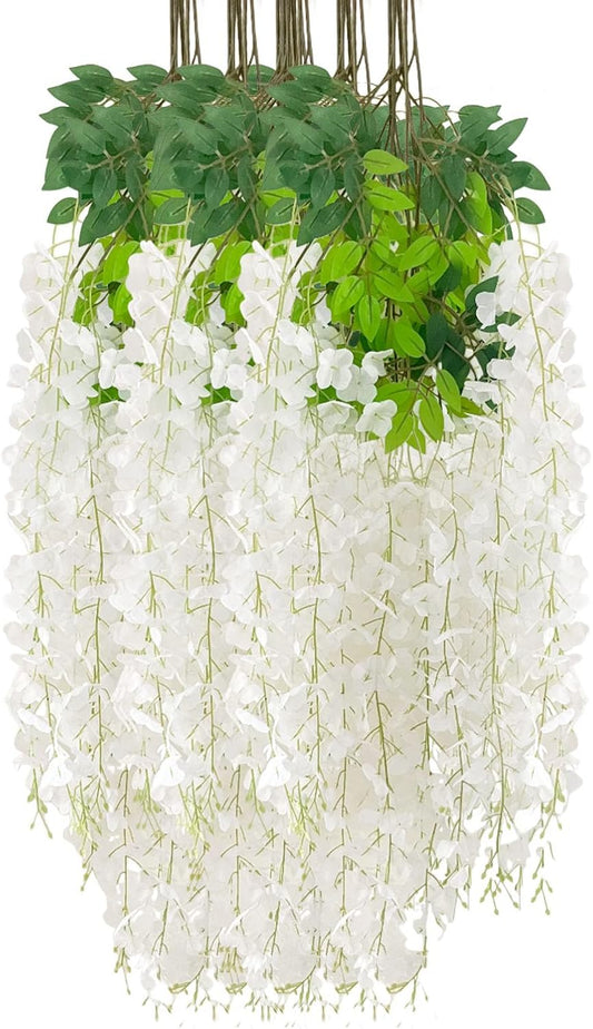 12 Pack White Wisteria Hanging Flowers Garland, 3.77 Feet Artificial Flower Vines, Fake Wisteria, Artificial Vines Hanging Garland for Backdrop Outdoor Yard Garden Decor