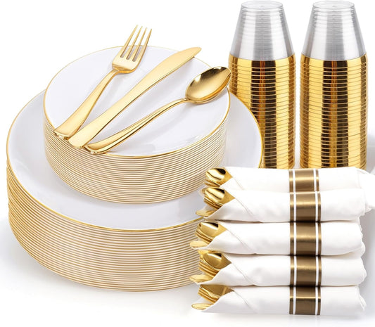 KIRE 175PCS Gold Plates Disposable - Heavy Duty White and Gold Plastic Plates Dinnerware Sets - 25 for Dinner 25 for Dessert 25 Pre Rolled Napkins and 25 Cups for Birthday/Thanksgiving Party/Wedding