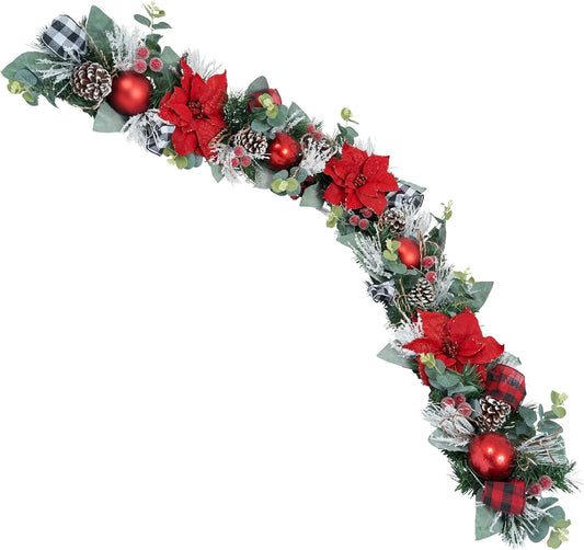 5 ft Christmas Garland for Mantle Unlit Garland for Stairs Railing, Banister, Staircase, Fireplace, for Table No Light, Garland Decor Frosted Red Poinsettia Holiday Tree (Glittery Red Poinsettia)