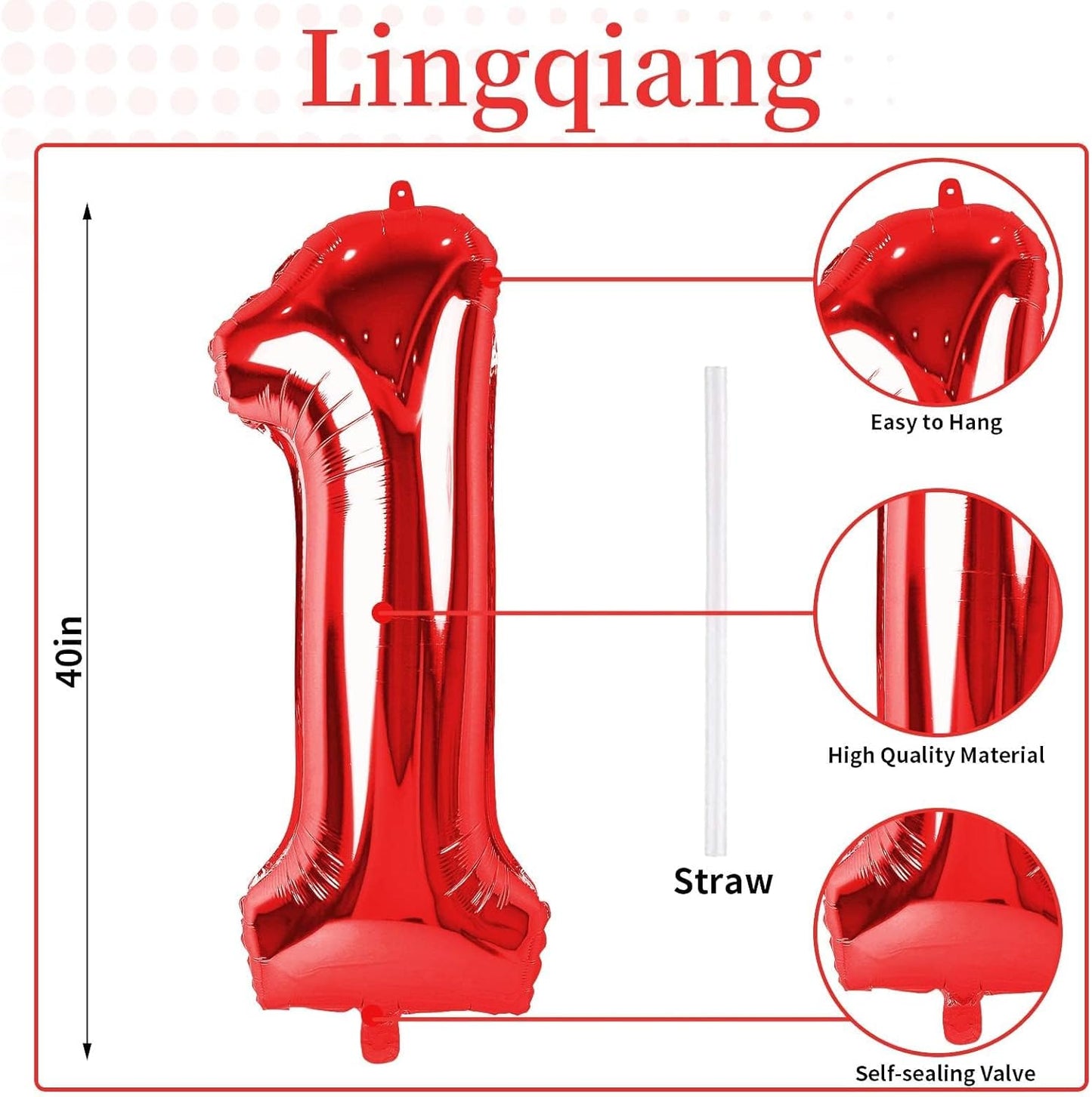 Red Number 1 Balloons, 40 Inch Large Foil Number Balloons Set 0-9 for Women, Self Inflating Digital 1 Helium Balloon for Girls Boys 1st Age Birthday Anniversary Party Decorations Photo Shoot Supplies