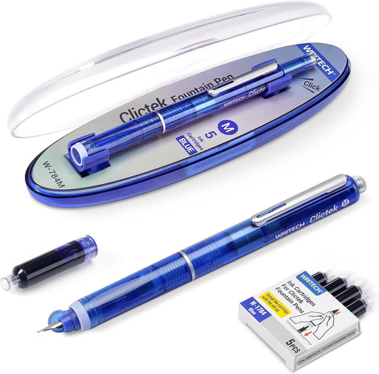 WRITECH Clictek Fountain Pen Retractable: Blue Ink Medium Nib Transparent Barrel, Gift Set Includes 5 Ink Cartridges for Smooth Writing No Leaking