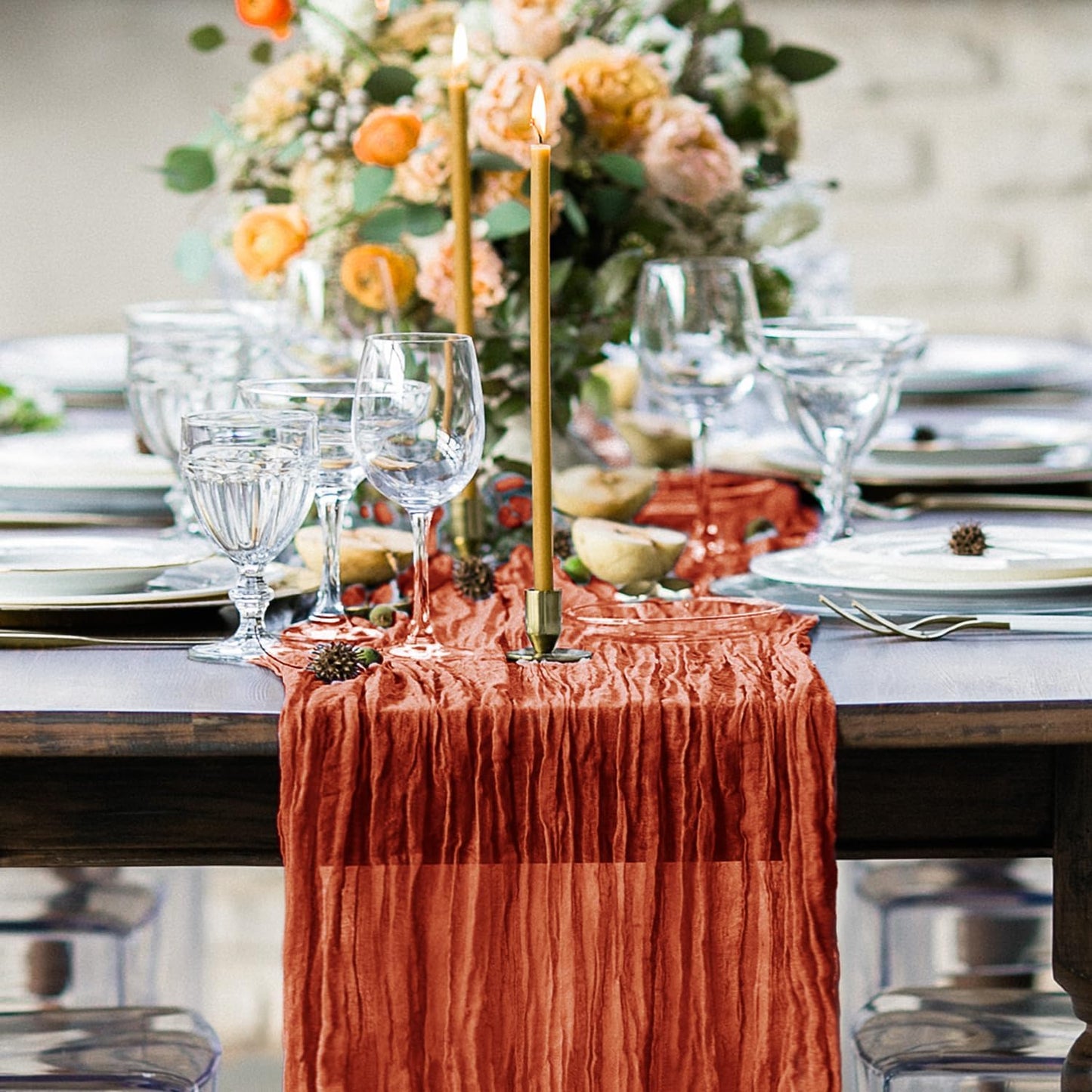 Hahuho Terracotta Cheesecloth Table Runner 10ft, Gauze Boho Rustic Table Runners for Wedding Birthday Party Baby Shower Decorations（6 Pack , 35x120 Inches）