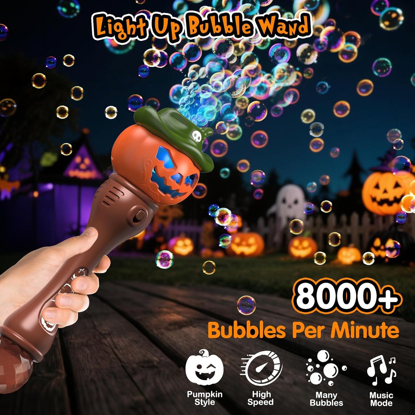 Halloween Pumpkin Bubble Wand for Kids - 2 Pack Automatic Bubble Machine Blower Toys for Toddlers 3-8 with LED Lights, Music Function, DIY Stickers,10 Refill Solutions, Halloween Party Favors Gifts