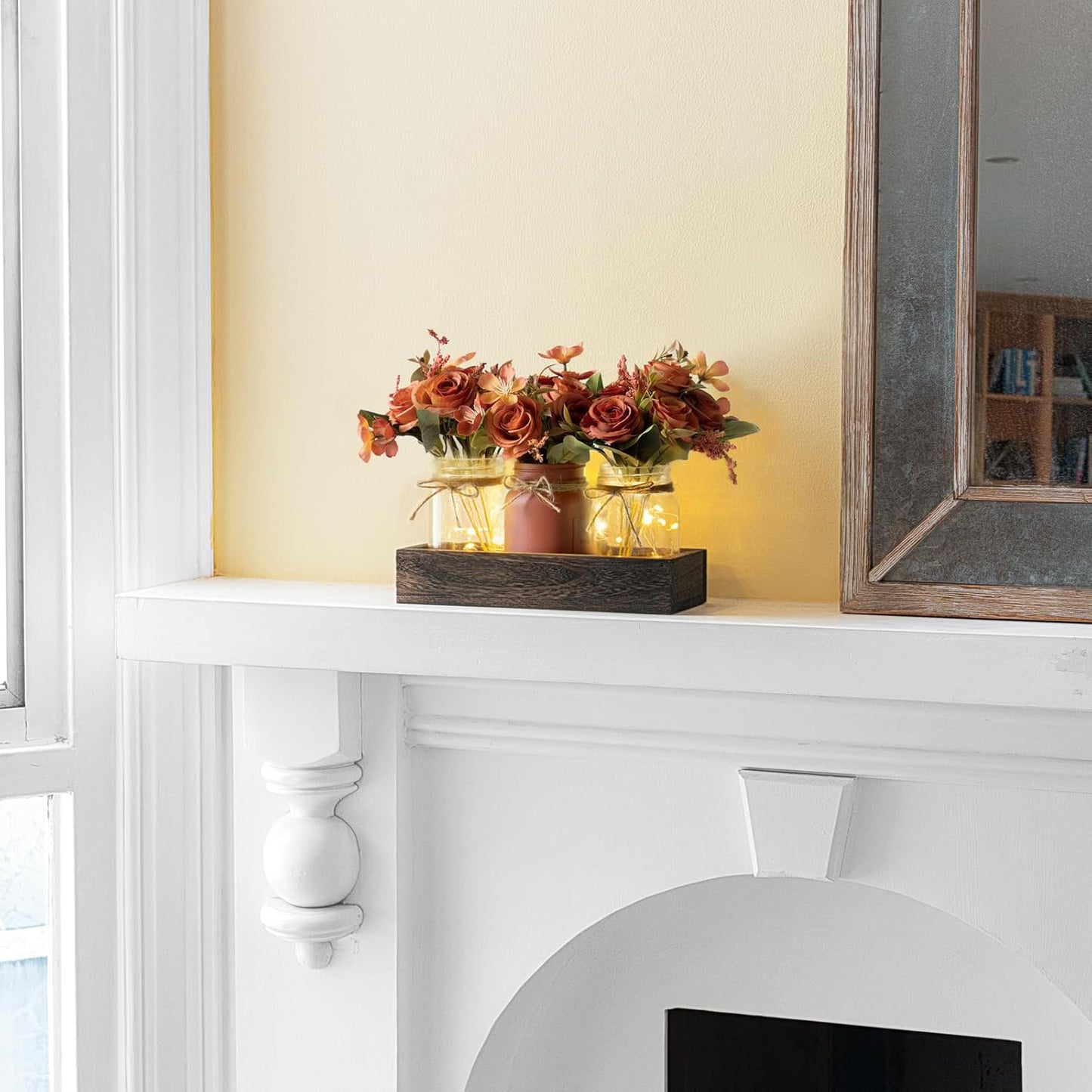 Mkono Mason Jar Lights Centerpiece Table Decorations for Dining Room Farmhouse Coffee Table Decor Tray with 3 Jars Flowers Centerpieces Fall Decor for Kitchen Living Dining Room, Orange