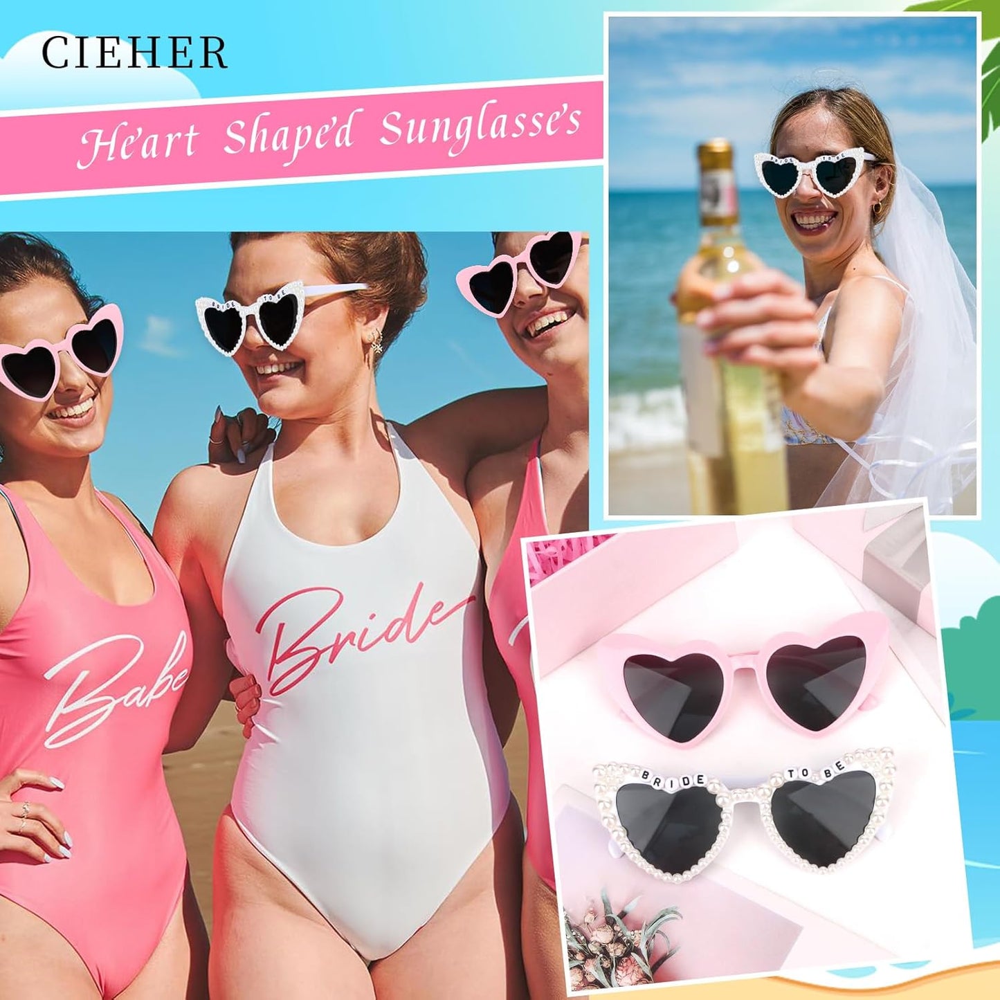 CIEHER Bachelorette Party Favors - White Black Heart Sunglasses for Bride Bridesmaid