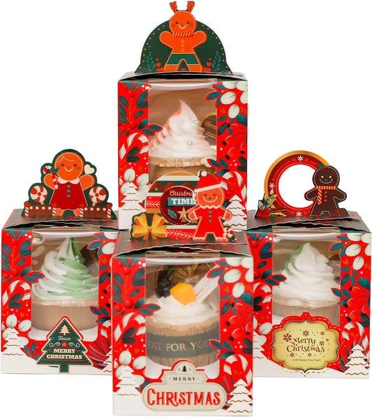 qiqee Christmas Individual Cupcake Boxes 50pcs Individual Cupcake Boxes with Window 3.7" 3.7"*4.5" Cupcake Box for Christmas