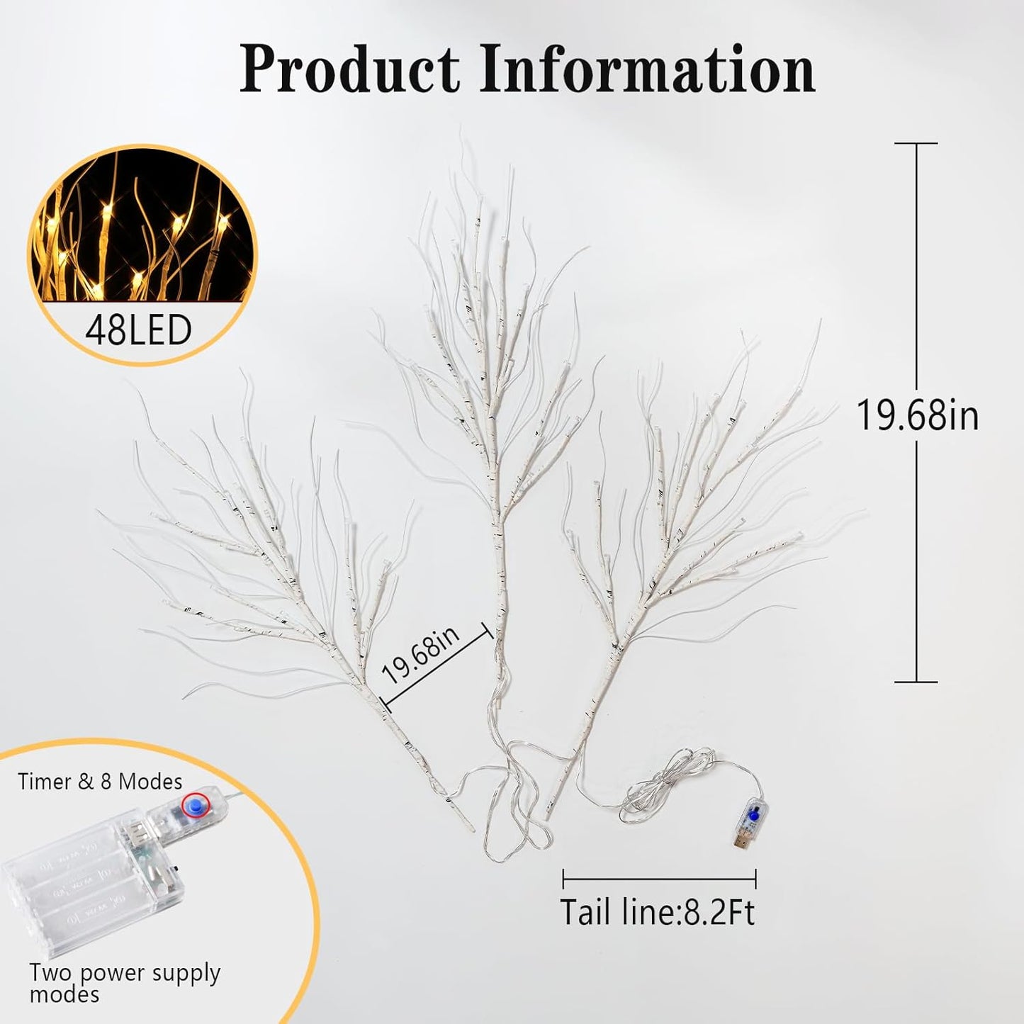 Lighted Artificial Birch Branch Tree Fairy Lights Holiday Decor,3PK 19.7in 48 LED;USB Powered,Warm White Branch with Lights for Christmas Holiday Wedding Party Decoration,Timer