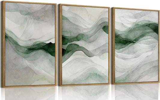 myusuar 3 Piece Large Abstract Framed Wall Art For Living Room, Smoke Texture Ink Teal Soft Green Canvas Wall Art Modern Minimalist Art Prints Wall Décor For Bedroom Office 12x16in
