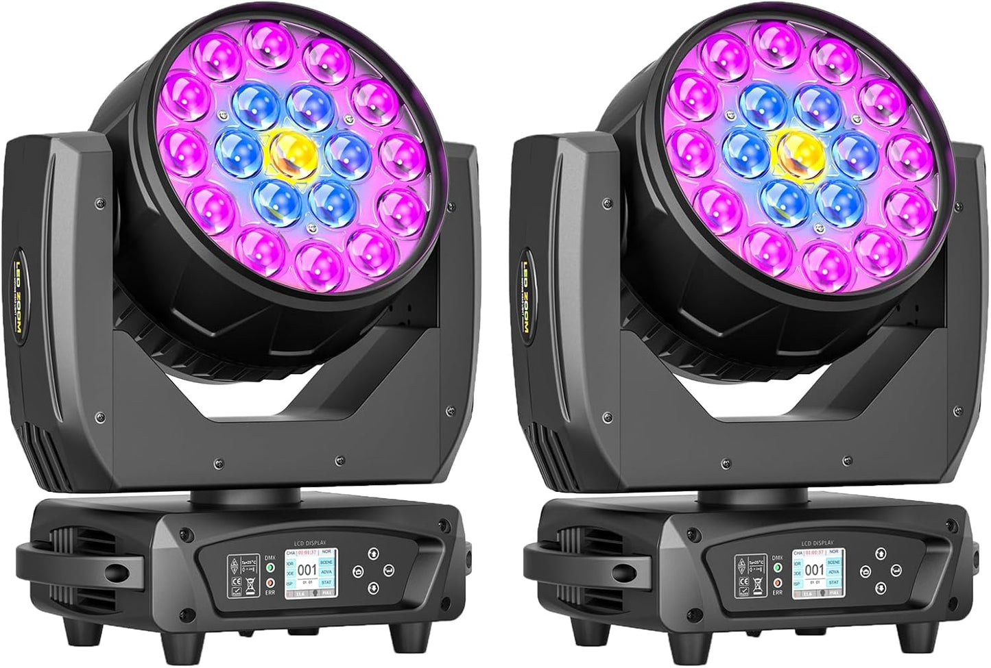 19x10W Moving Head Light Focusing/Beam/Wash/Zoom Effect Stage Lights 4-in-1 LED DMX512 & Sound Activated Control for DJ Disco Nightclub KTV Bar Theater Shopping Mall (2 PCS)