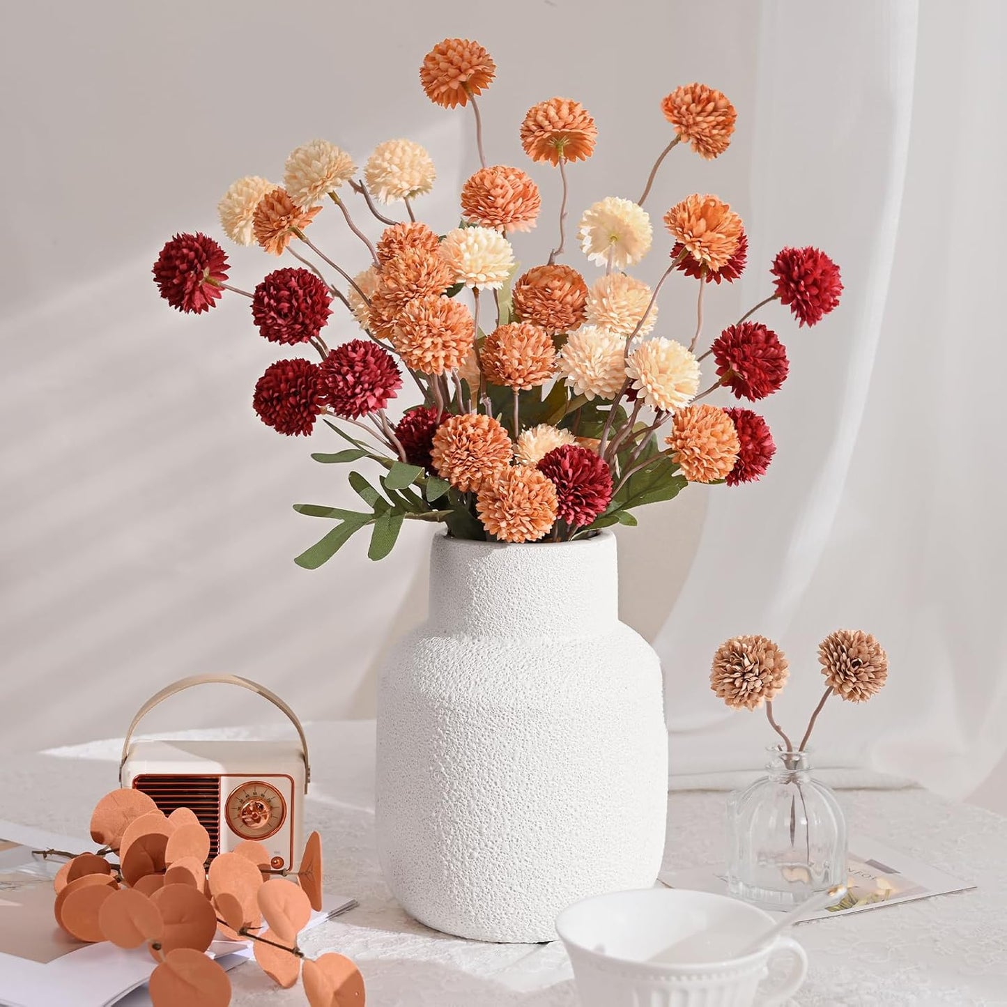 Waipfaru 10pcs Fake Silk Pompon Mum Artificial Fall Flowers, Faux Mini Chrysanthemums with 2pcs Eucalyptus Stems, Fall Decor for Centerpieces Wedding, No vase, Multicoloured