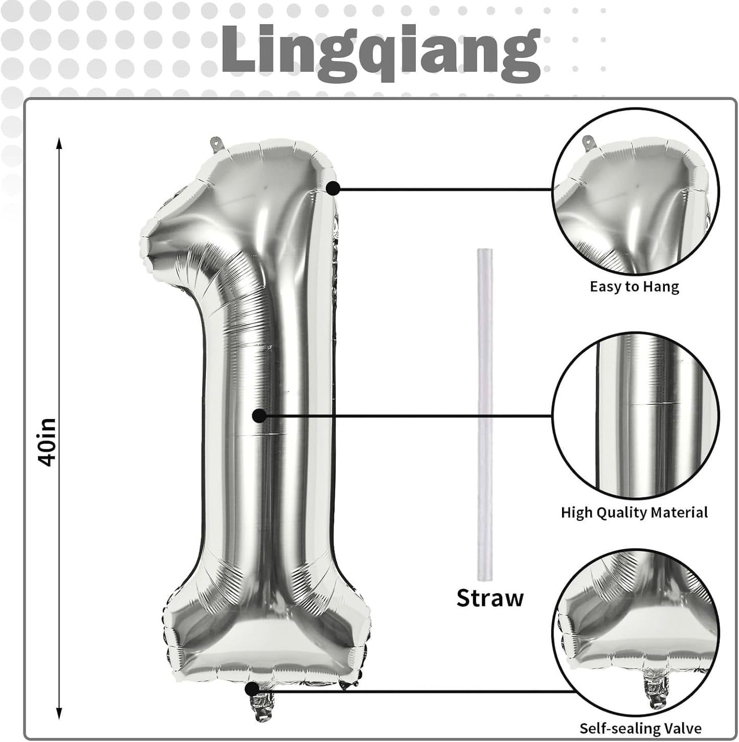 Silver 1 Balloon Number, 40 Inch Giant Helium Foil Number 0-9 for Boys Girls, Self Inflating 1st Birthday Balloon for Women Men 10th Anniversary Baby Shower New Year Wedding Party Decorations Supplies