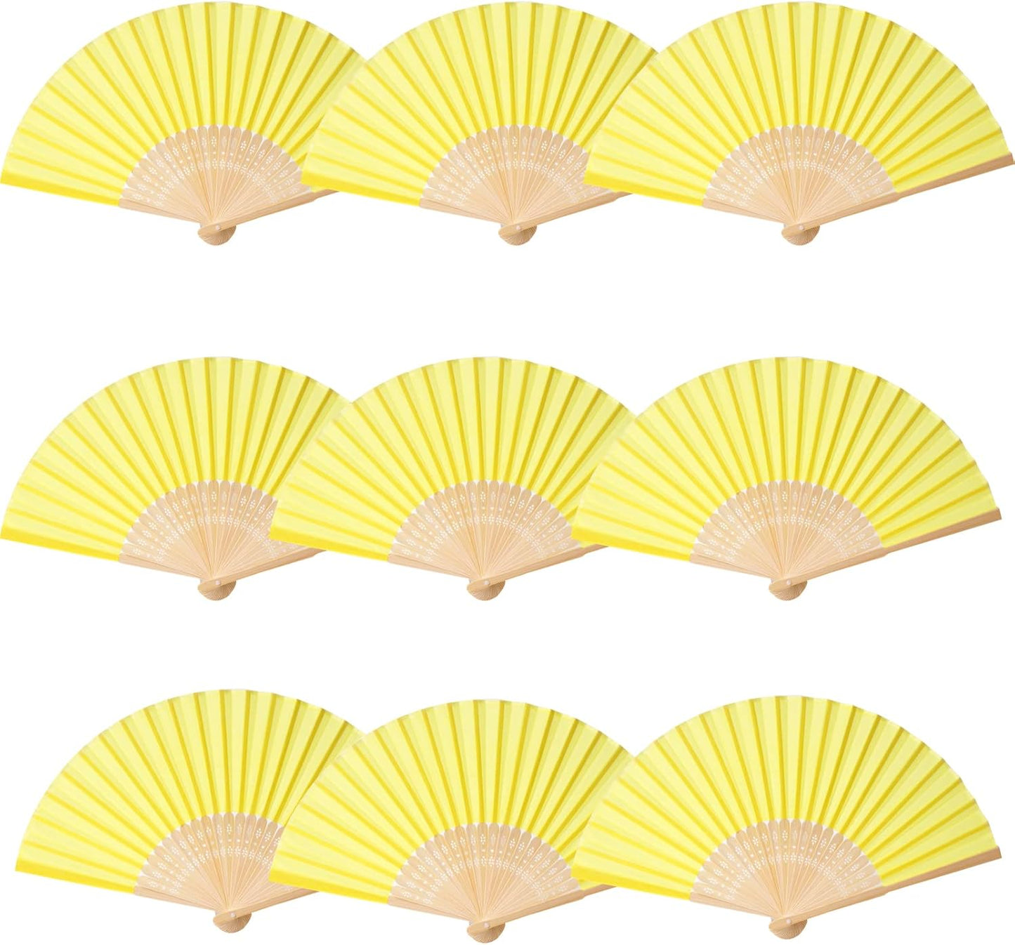 24pcs Imitated Silk Hand Fan Imitated Silk Fabric Bamboo Handheld Folded Fan Bridal Dancing Props Church Wedding Party Favors with Organza Bags (Yellow)