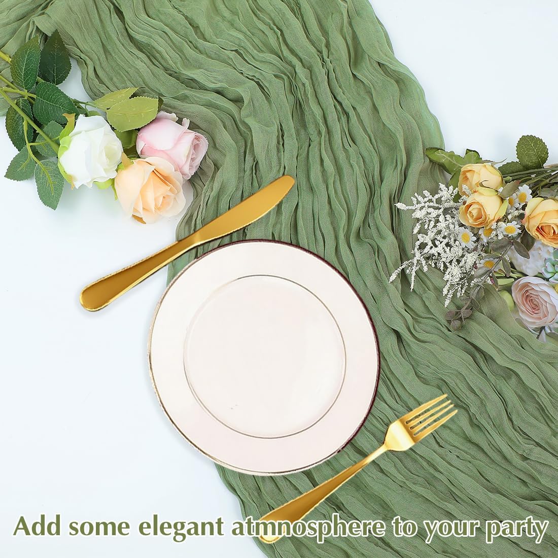 10 Pack Olive Green Cheesecloth Table Runner -21*120Inch Long Boho Wedding Table Decor, Rustic Gauze Fabric Runner for Bridal Showers, Baby Showers & Parties (Sheer, Lightweight, Wrinkled Design)