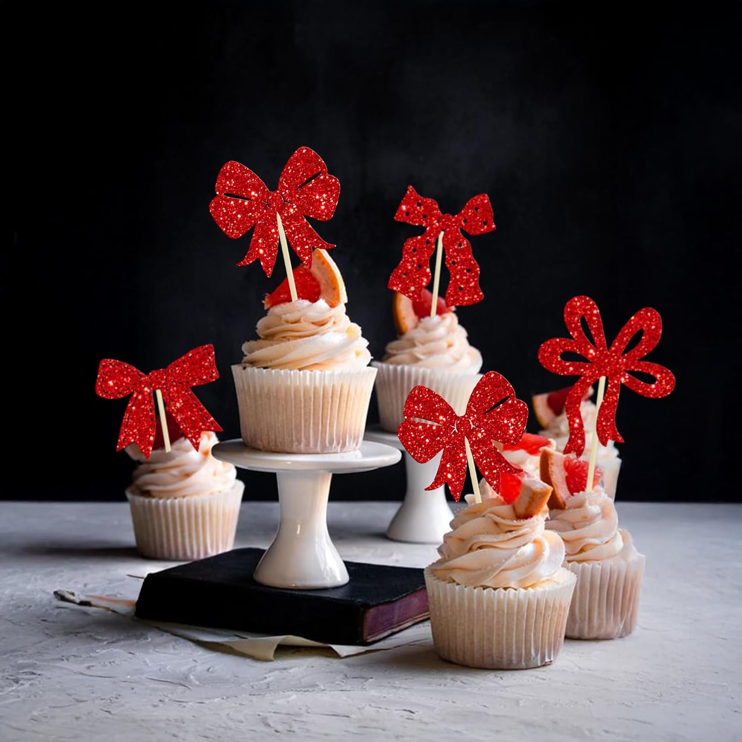 Ephlyn 24Pcs Bow Cupcake Toppers Bow Birthday Cake Topper Girls Birthday Party Decorations Bowknot Cupcake Decorations for Bridal Baby Shower Birthday Wedding Themed Party Red