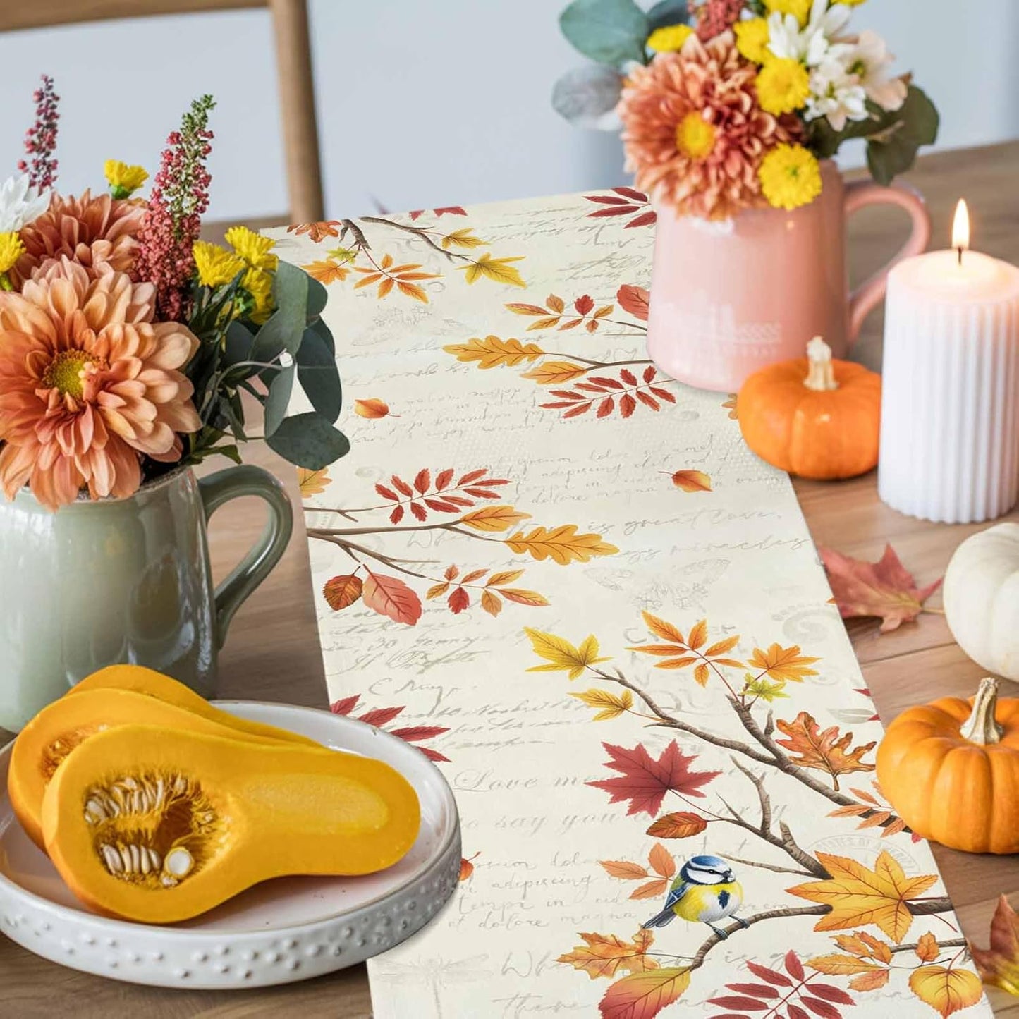 Thanksgiving Fall Cotton Linen Table Runner for Dining Kitchen, Blue Pumpkins Rustic Wedding Outdoor Party Autumn Tablerunners Decoration, Leaves Dresser Scarf Coffee Tablecloth Runners 13x72 Inches
