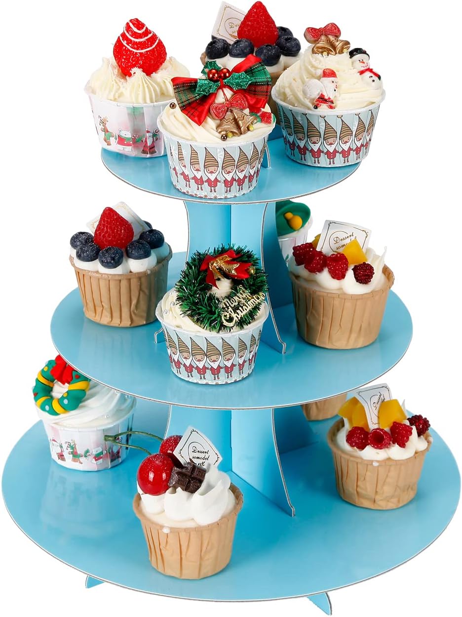 3-Tier Cupcake Stand, Cake Stand holder, Tiered DIY Cupcake Stand Tower for Dessert Table Displays, Birthday Theme Party Favors Decoration, Floral Tea Party, 12" W x 12.8" H, Light Blue