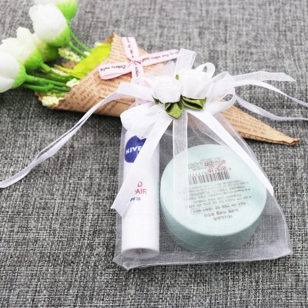 SumDirect Rose Organza Gift Bags - 50Pcs 4x5 inch White Wedding Favor Gift Bags, Jewelry Pouches with Drawstring for Party Wedding Christmas Valentine