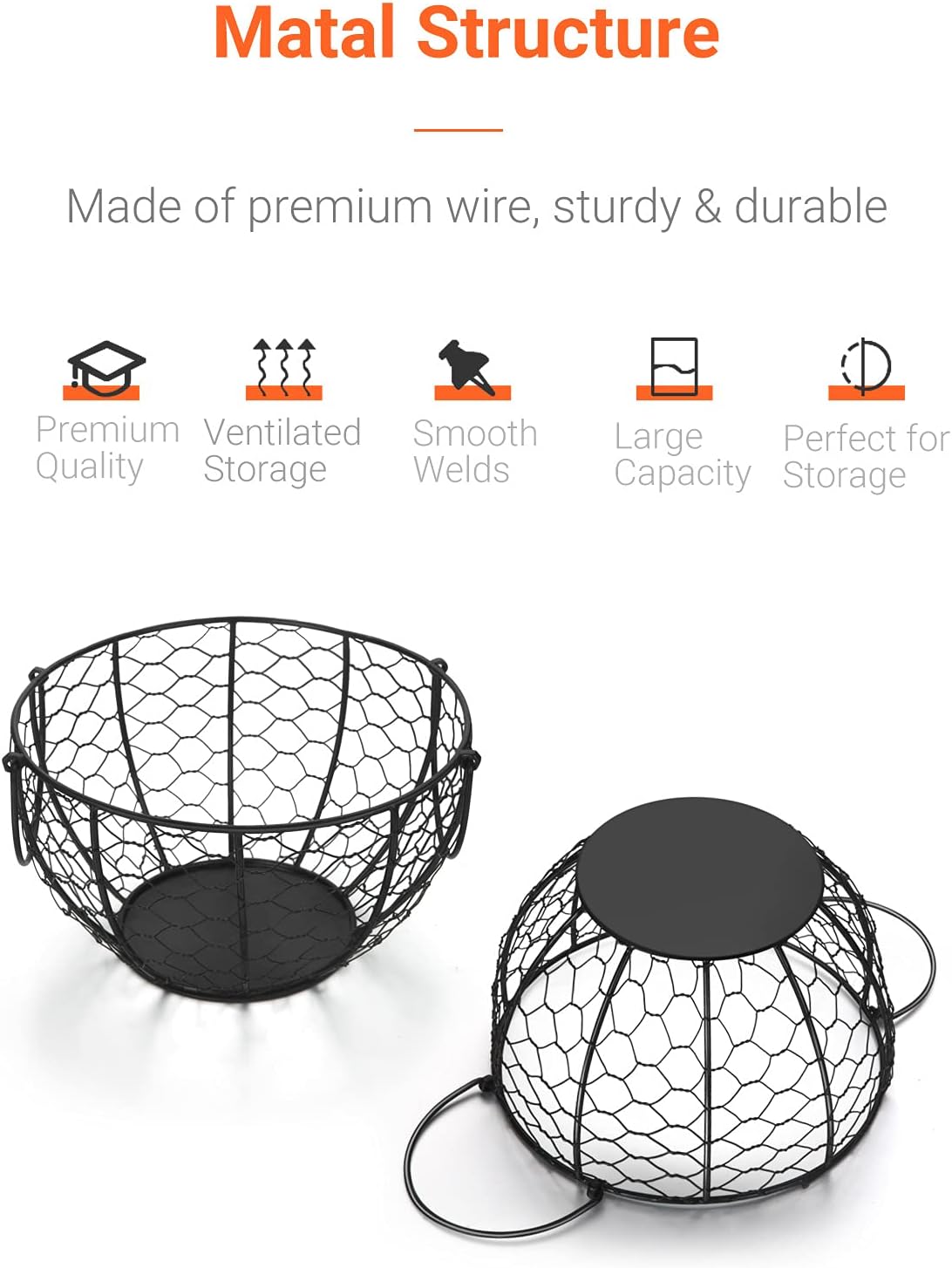 Round Wire Basket Black Fruit Basket Bowl Fruit Holder for Kitchen with Handle Black Home Storage for Vegetables, Snacks, Household Items Decor