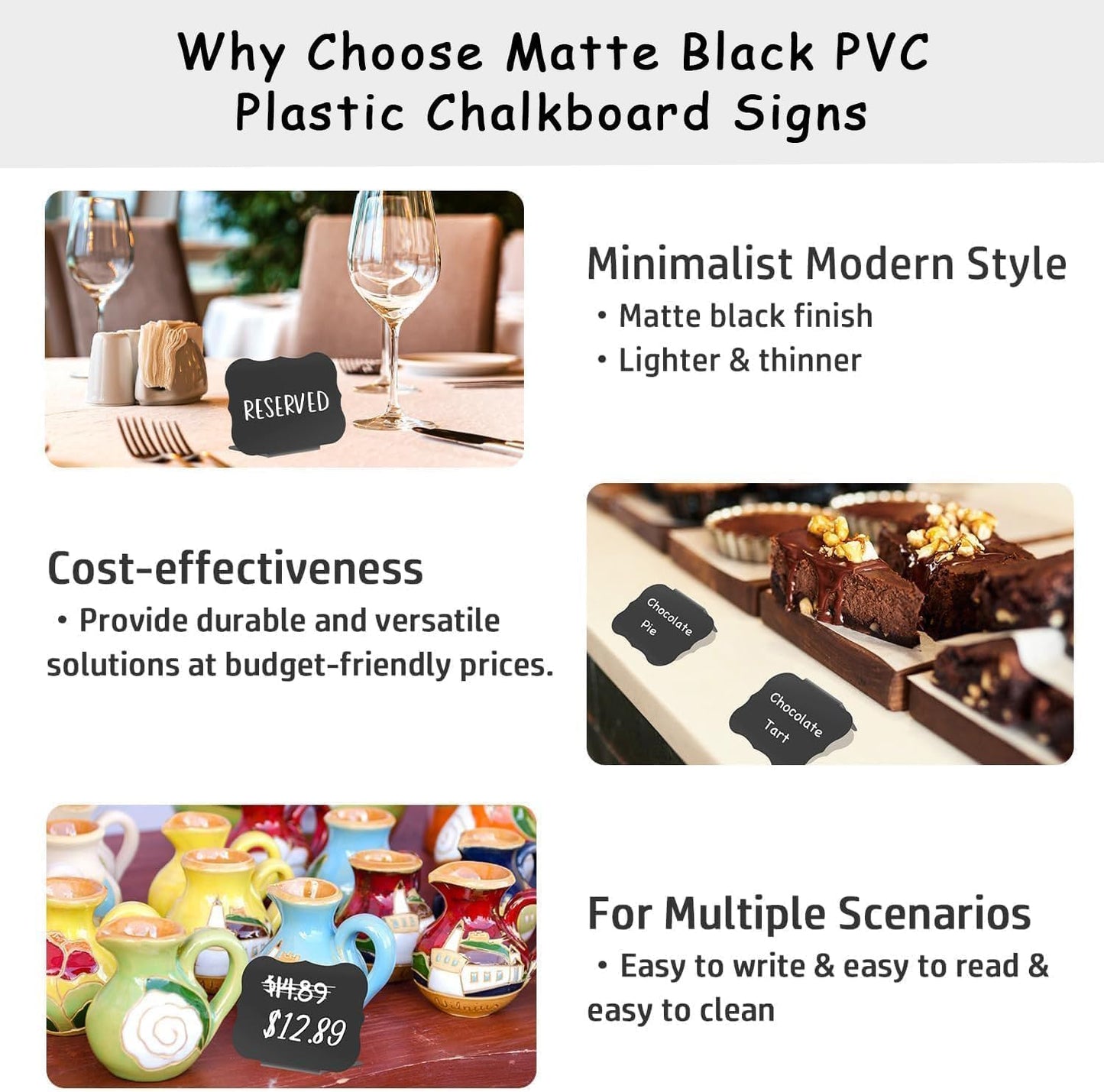 PigPotParty 12 Pcs Food Labels for Party Buffet w/Cleaning Spray, 4"x3" Mini Chalkboard Signs Include 2 Liquid Chalk Markers for Food Display - Food Tags- Table Palce Card (Waved Shape)