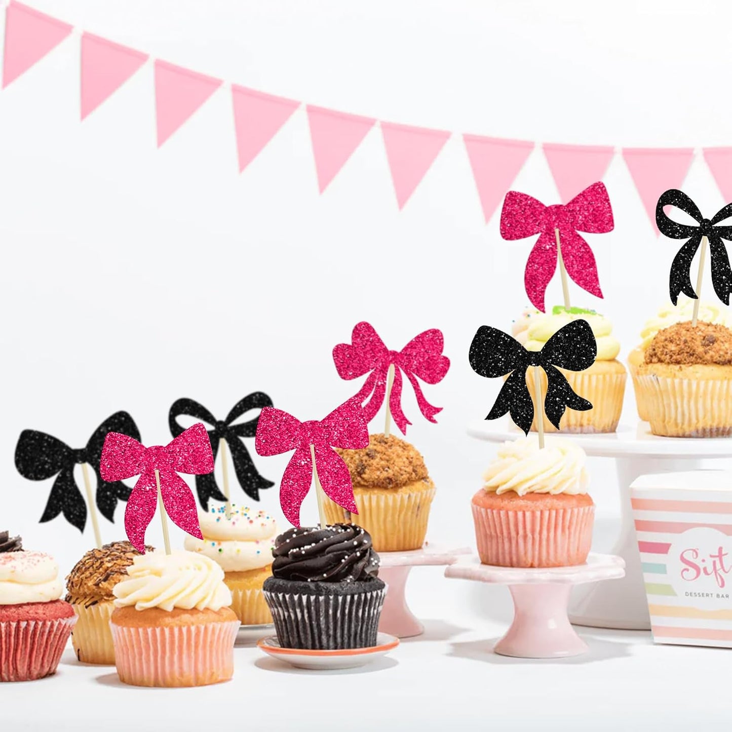 Gyufise 36Pcs Bow Cupcake Toppers Glitter Bowknot Cupcake Picks Bow Tie Birthday Decorations Bow Cake Toppers for Bridal Baby Shower Bachelorette Party Supplies Black Rose Red