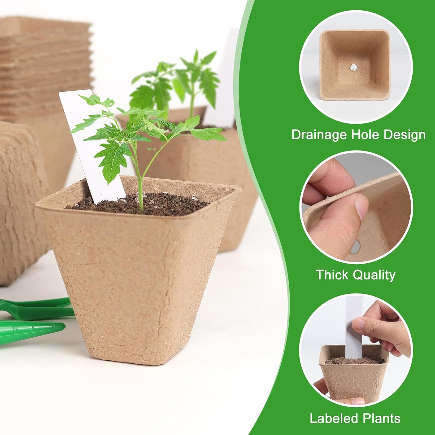 Square Peat Nursery Pots 150 Pcs 3in Biodegradable and Label, Used for Outdoor Gardens in Plant Nurseries