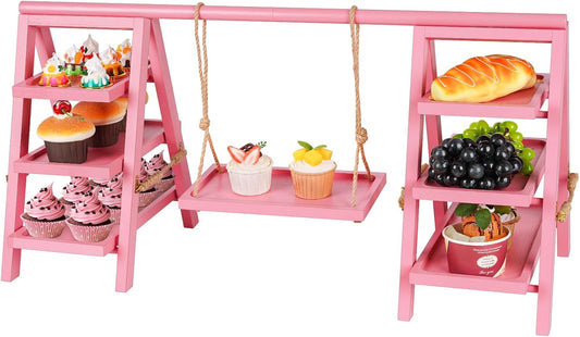 Wooden Cupcake Stand, 3 Tier Cupcake Display Stand for Dessert Display, Dessert Stands with Serving Tray and Foldable Stand for Party, Birthday, Wedding, Events, Baby Shower (Pink)