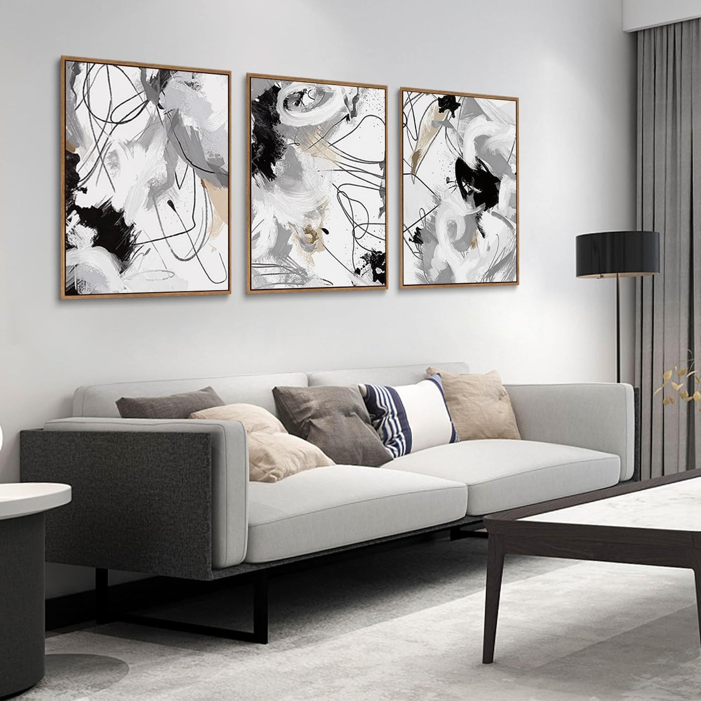 myusuar 3 Piece Large Modern Abstract Canvas Framed Wall Art For Living Room, Black And White Lines Minimalist Wall Art Decor Posters Prints For Bedroom Office, 24x36in