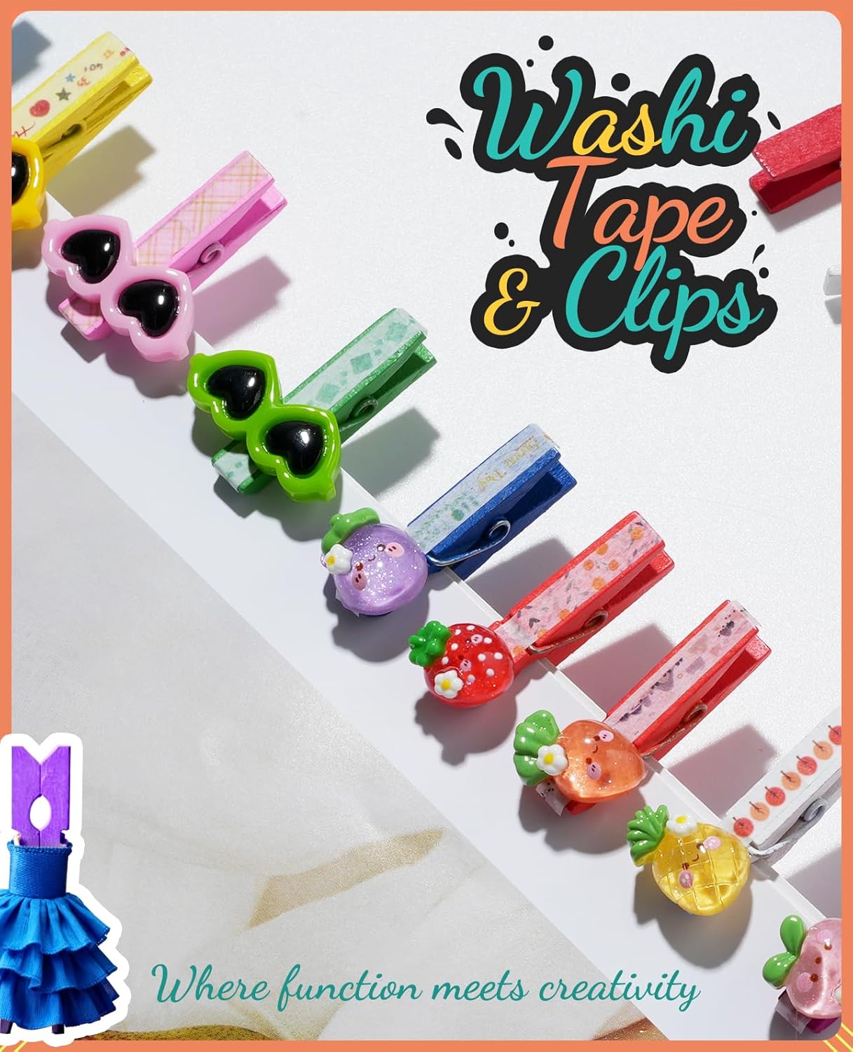 Mini Clothespins, Sopito 100 Pcs 1.4'' Strong Mini Clothespins for Photos with 10 Pcs Washi Tapes and 43 Ft Jute Twine, Colorful Wooden Small Clothes Pins for Picture, Crafts, Baby Shower