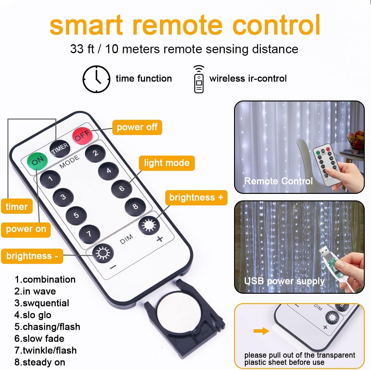 AOMIG Fairy Curtain Lights,300 LED White Window Curtain String Light,8 Modes 9.8×9.8Ft Waterproof Curtain String Light USB Powered with Remote Control,Christmas String Lights for Indoor/Outdoor