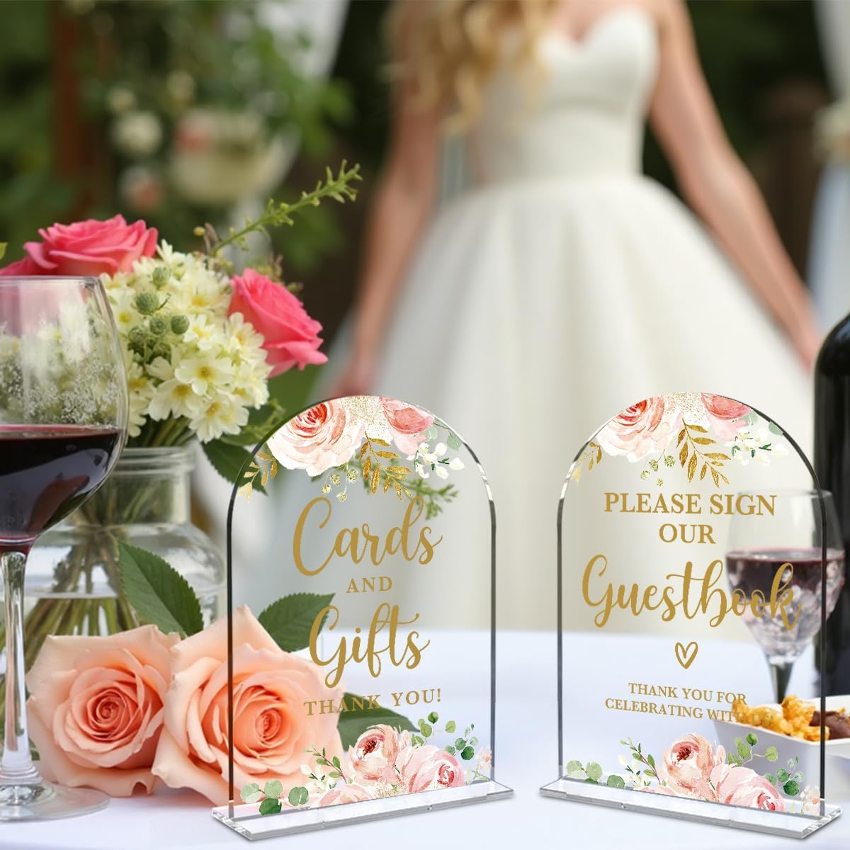 2 Pcs Acrylic Wedding Signs for Reception, Bridal Shower Decorations, Cards and Gifts Signs, Guest Book Sign, Arch Acrylic Table Top Sign with Holder for Wedding Reception (Clear Pink Flowers)