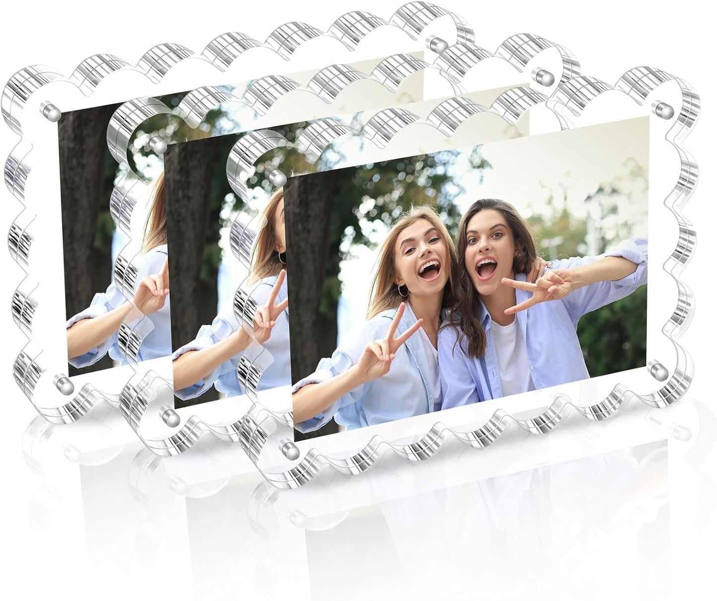 3 Pack Acrylic Picture Frame: 4x6inch Magnetic Picture Frames, Double Sided Magnet Frames,10+10mm Thick Block, Clear Photo Scalloped Frames Freestanding for Desktop Display (Clear, 4X6)