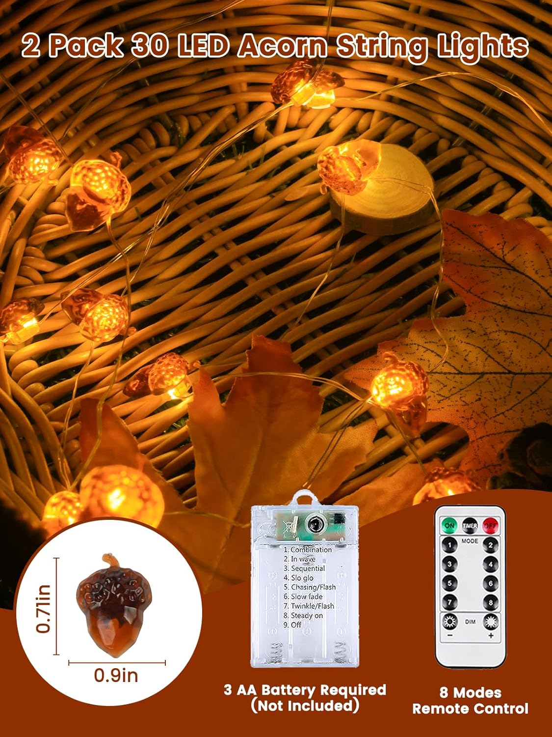 BOSSERN 2 Pack 60LED Thanksgiving Decoration Acorn String Light Battery Operated, 20FT Fall Lights with Remote, Waterproof 8 Modes Fairy Lights for Autumn Harvest Thanksgiving Halloween Decor