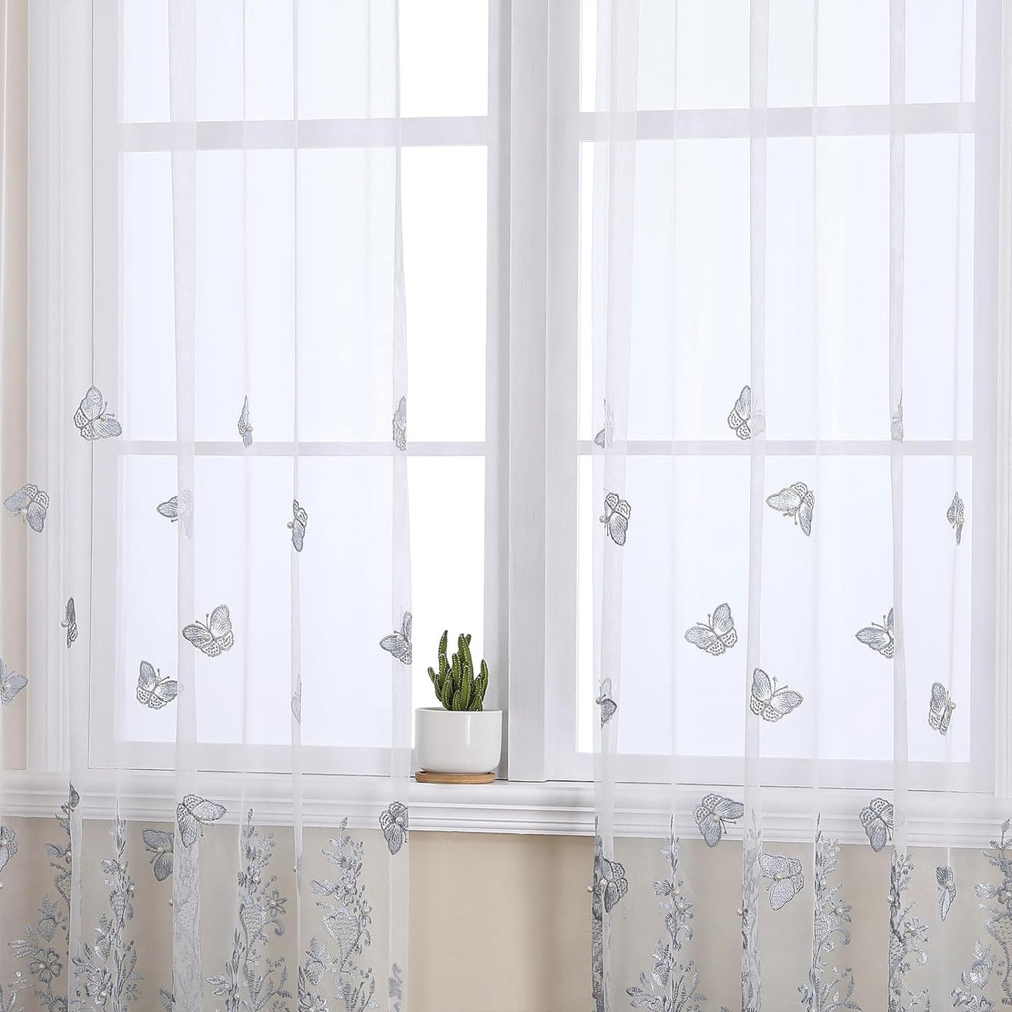 VISIONTEX White Sheer Voile Curtains, Decorative Blue Embossed Butterflies Rod Pocket Window Drapes for Home Kitchen, Living Room and Bedroom 54 x 63 Inch, Set of 2 Curtain Panels