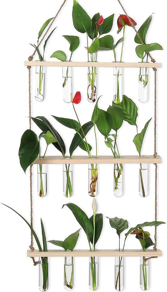 YIBOT Propagation Stations,3 Tiered of Propagation Tubes with Wooden Stand,Mini Glass Test Tubes Vase,Plant Terrarium for Hydroponic Home Garden Office Decor, Gardening Gift for Women Plant Lover